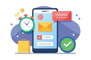 A cartoon-style illustration depicting a smartphone with an email, chat notification, checklist, and an alarm clock on a white background. vector