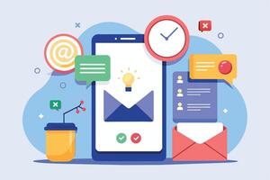 A modern illustration depicting a smartphone displaying an email with a light bulb icon representing ideas, alongside time management symbols, notifications, and a coffee cup. vector