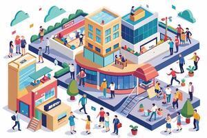 A busy city block with various shops, restaurants, and people walking by. The scene is filled with life and activity, with people interacting and enjoying the urban environment. vector