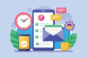 Colorful illustration of smartphone with checklist, open email, clock, gear, and chat bubbles. Represents busy, multi-tasking digital life. vector