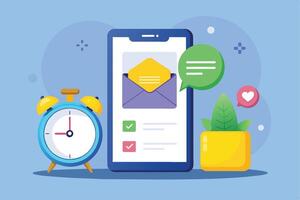 A mobile phone with an open email notification, an alarm clock, and a potted plant. vector