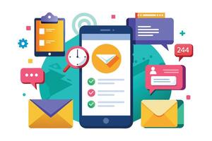 A colorful illustration depicting a mobile phone with an email notification, a checklist, and multiple other notifications. vector