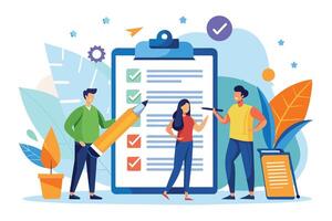 A team of three people stand in front of a large checklist, working together to complete tasks. One person holds a large pencil, while another points at the list with a pen. vector