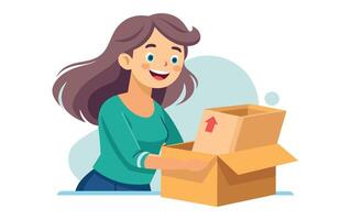 A cartoon illustration of a woman smiling and opening a cardboard box with an arrow on the side. She appears excited and happy about whats inside. vector