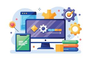 Illustration of a desktop, mobile phone, and server with colorful icons like gears, suggesting a focus on technology and development. vector