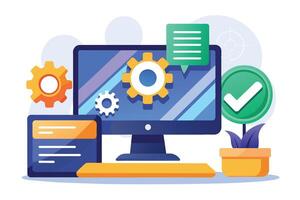 An illustration depicting a desktop computer with cogwheels and a checkmark, suggesting successful configuration or optimization. vector