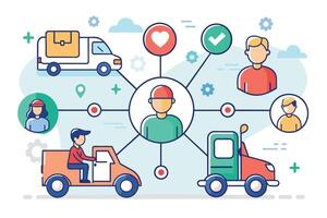 Simple line art shows a delivery network with two trucks, four people, a central company figure, and icons of happiness and approval for customer satisfaction. vector