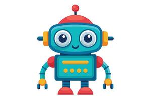 A cartoon illustration of a friendly, blue robot with a red antenna, smiling and facing the viewer. Its wearing red and yellow accents. vector