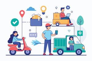 An illustration depicting a modern delivery service. People are using various modes of transport like scooters, trucks, and cars to deliver packages quickly and efficiently. vector
