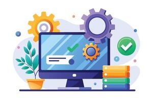 A colorful illustration depicting a computer with gears and checkmarks, signifying successful system optimization and efficient performance. vector
