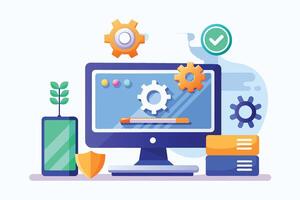 A colorful illustration of a computer desktop with a security shield, server stacks, and cogwheels. It depicts a concept of secure technology and data management. vector