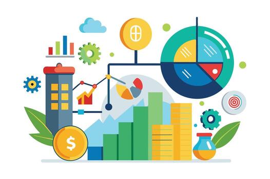 A colorful illustration representing a business growth strategy, with various charts, graphs, and financial symbols indicating data analysis and financial success. vector