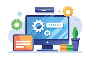 A flat design illustration of a desktop computer with multiple gears displayed on the screen, indicating a process, and a password field. vector