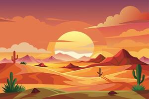 A digital illustration of a desert sunset, featuring rolling hills, cacti, and a large, orange sun setting behind a range of purple and red mountains. vector