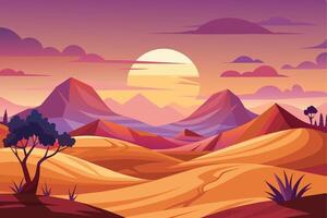 A digital illustration of a desert landscape at sunset, featuring rolling hills, a large sun, and a single tree in the foreground. vector
