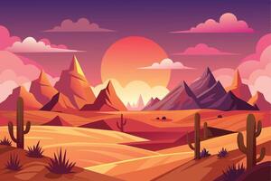 A colorful illustration depicting a desert landscape at sunset, with mountains in the background and cacti in the foreground. vector