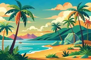 A colorful illustration of a tropical beach scene featuring palm trees, a boat on the water, and mountains in the distance. The sun is setting, creating a warm glow in the sky. vector