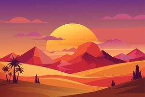 A digital illustration of a desert sunset with palm trees in the foreground and mountains in the background. vector