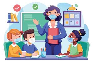 A teacher wearing a face mask stands in front of three students wearing face masks in a classroom. They are listening intently to the teacher who is pointing at the whiteboard behind them. vector