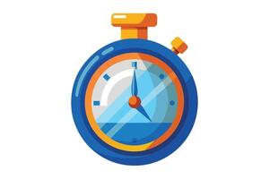 A flat design illustration of a blue and orange stopwatch with the second hand pointing at 12 oclock. vector