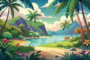 An illustration of a tropical beach landscape with palm trees, green mountains, and a sandy path leading to the water. vector