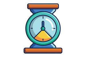 An illustration of a cartoon hourglass clock with a yellow segment indicating time elapsed, set against a white background. vector