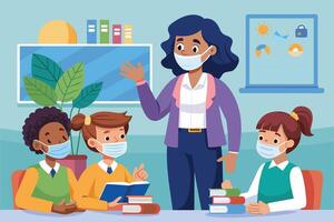 An illustration depicting a teacher leading a classroom discussion with students all wearing face masks. The teacher stands at the front of the room, while the students sit at their desks. vector