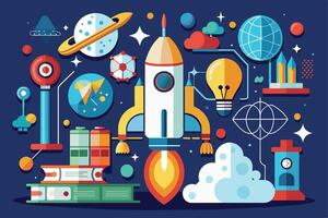 A colorful, flat-style illustration depicting a rocket taking off surrounded by space-themed imagery including planets, stars, clouds, and books. vector