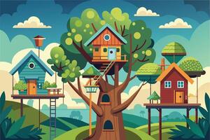 An illustration of a whimsical forest scene featuring three colorful tree houses, a large tree, and green rolling hills. vector