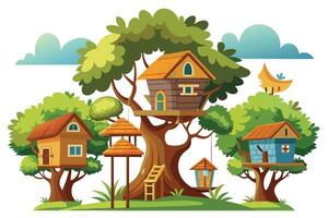 A cartoon illustration depicting a whimsical treehouse village with multiple structures, lush green foliage, and a clear blue sky. vector