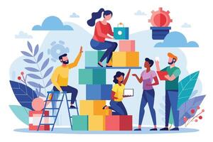 An illustration of a team working together to build a structure out of colorful blocks. vector