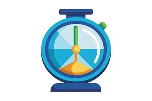 A cartoon illustration of a round timer with a blue face, orange base, and green hand. The timer is set to a specific time. vector