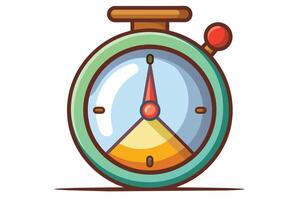 A cartoon illustration of a stopwatch with a green face, orange numbers, and a red hand. The stopwatch is set against a white background. vector