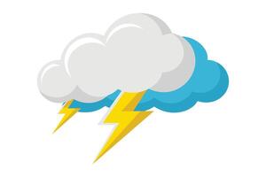 This is a cartoon image of a white cloud with blue edges and two yellow lightning bolts. The background is white. vector