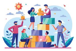 A diverse team of five individuals works together on a colorful building project, with blocks and gifts, under a sunny sky. vector