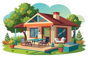 A cartoon illustration of a suburban home with a patio, featuring a table and chairs, and surrounded by a lush garden with trees and plants. vector