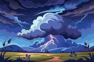 A dramatic illustration of a dark storm cloud with lightning striking over a rural landscape. The sky is filled with stormy clouds, and the ground is a green field with a winding path. vector