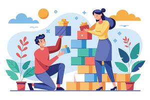 A man and woman are working together to build a tall stack of colorful boxes, showcasing teamwork and collaboration in gift-giving. vector