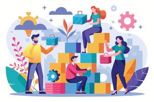 Illustration shows diverse team building colorful blocks, conveying positive and successful teamwork with bright colors and optimistic tone. vector