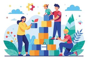 A group of people, including a young boy, are working together to build a tall stack of colorful blocks in a park setting. vector
