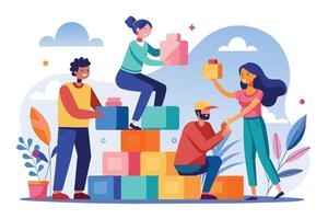 An illustration depicting a group of diverse people working together to build a structure using colorful blocks. They appear to be collaborating and supporting each other. vector