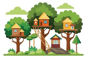 A whimsical illustration of multiple tree houses nestled in the branches of tall trees with green foliage and clouds in the background. vector