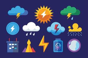 A colorful illustration featuring a set of weather icons depicting rain, sunshine, thunder, lightning, and clouds. vector
