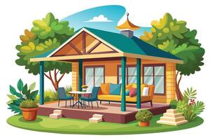 Cartoon of a small yellow house with a green roof and patio, surrounded by greenery. Table and chairs set up on the patio, blue sky and shining sun. vector