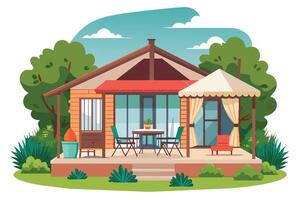 A modern house with a covered patio and outdoor furniture sits in a lush green garden under a bright blue sky with fluffy white clouds. vector