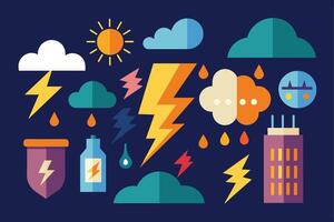 A colorful illustration depicting various weather elements such as thunderstorms, rain, sunshine, and clouds. The illustration uses a flat design style. vector
