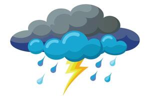 A simple cartoon illustration of a dark cloud with rain and lightning. The cloud is grey and blue with a yellow lightning bolt coming from it. vector