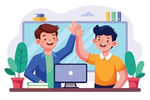 Two happy men in a modern office setting celebrate a successful collaboration with a high five. vector