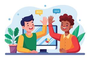 Two happy cartoon colleagues are high-fiving in front of a computer screen, with one sitting at a desk and the other standing. vector