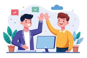 Two men celebrate a successful project by high-fiving each other, with checkmarks visible in the background. vector